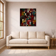 Unframed poster print of Paul Klee's Redgreen and Violet Yellow Rhythms displayed on a wall in a living room