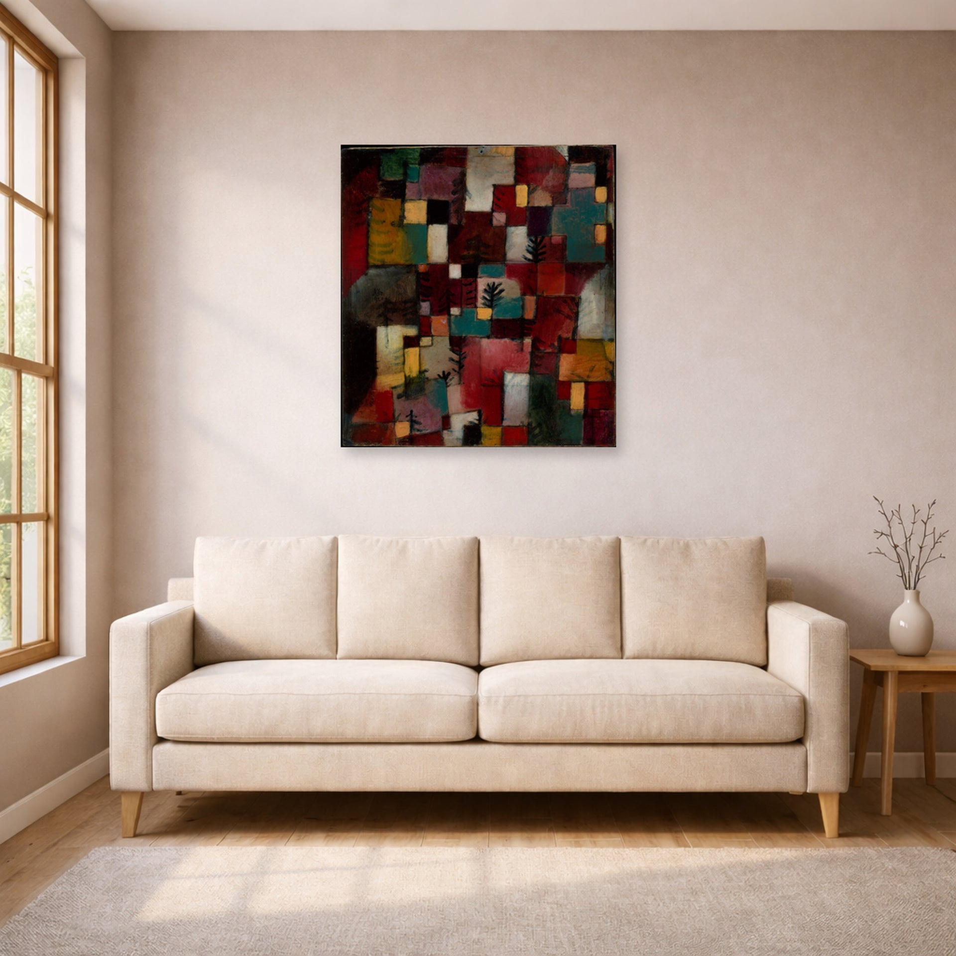 Unframed poster print of Paul Klee's Redgreen and Violet Yellow Rhythms displayed on a wall in a living room