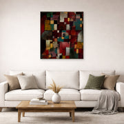 Unframed poster print of Paul Klee's Redgreen and Violet Yellow Rhythms displayed on a wall in a living room