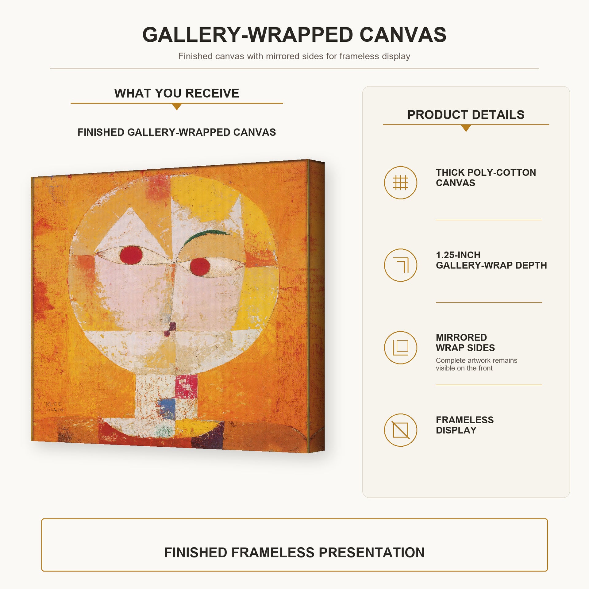 Paul Klee - Senecio gallery wrap canvas construction and hanging details infographic