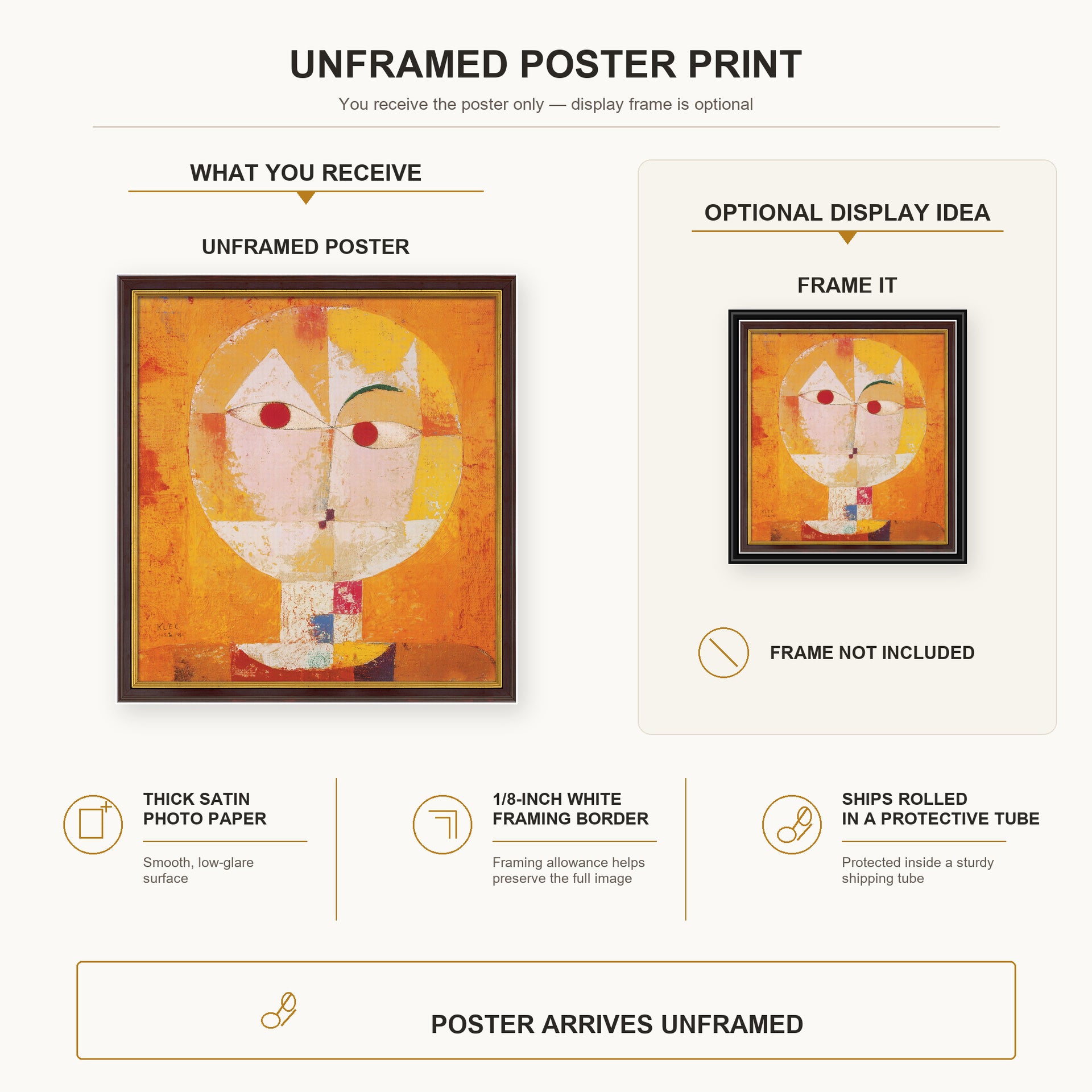 Paul Klee - Senecio poster print size comparison and framing display infographic