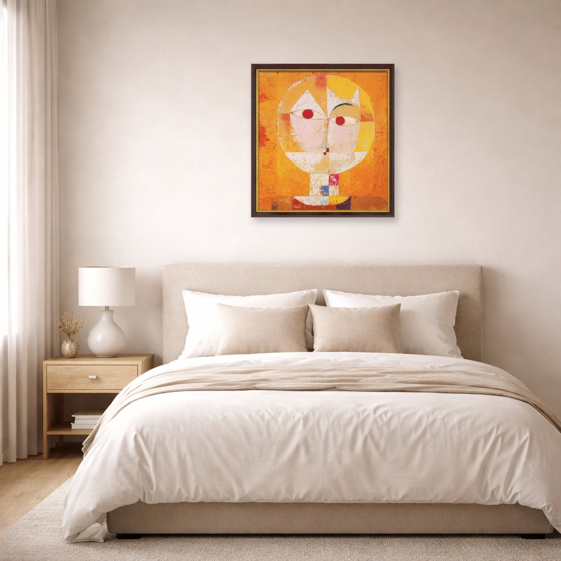 Unframed poster print of Paul Klee's Senecio displayed on a wall in a bedroom