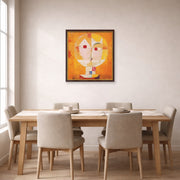 Unframed poster print of Paul Klee's Senecio displayed on a wall in a dining room