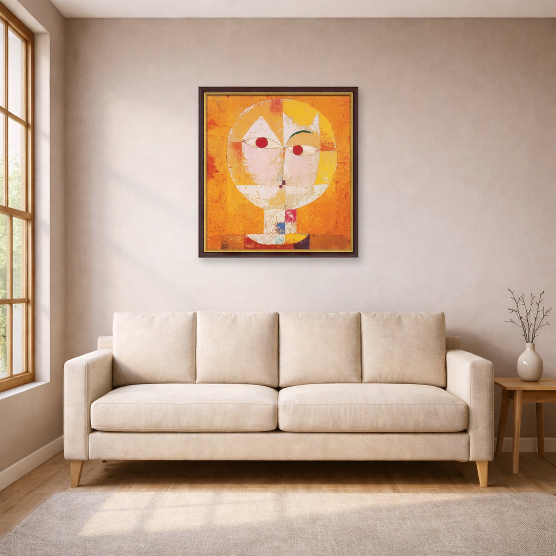 Unframed poster print of Paul Klee's Senecio displayed on a wall in a living room