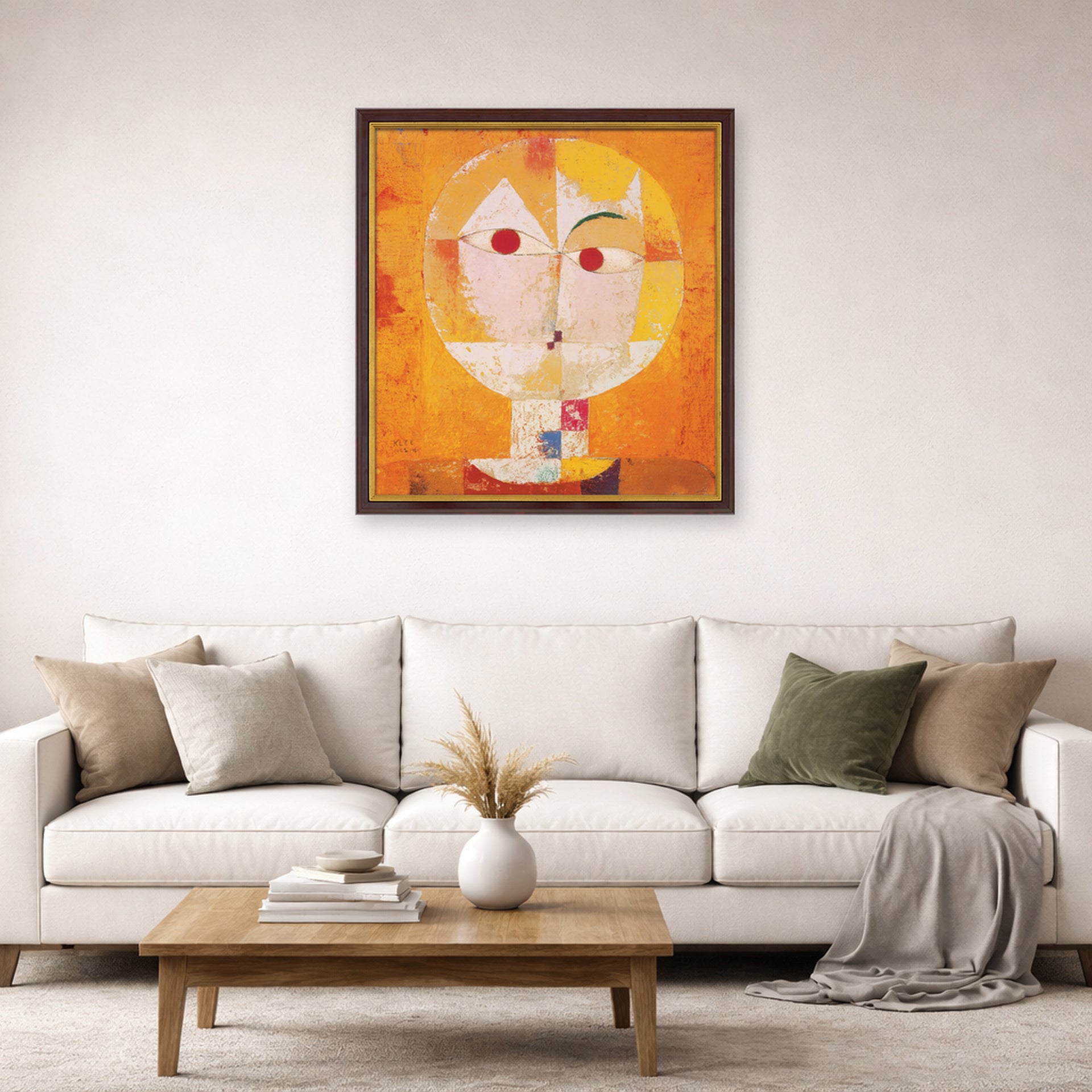 Unframed poster print of Paul Klee's Senecio displayed on a wall in a living room