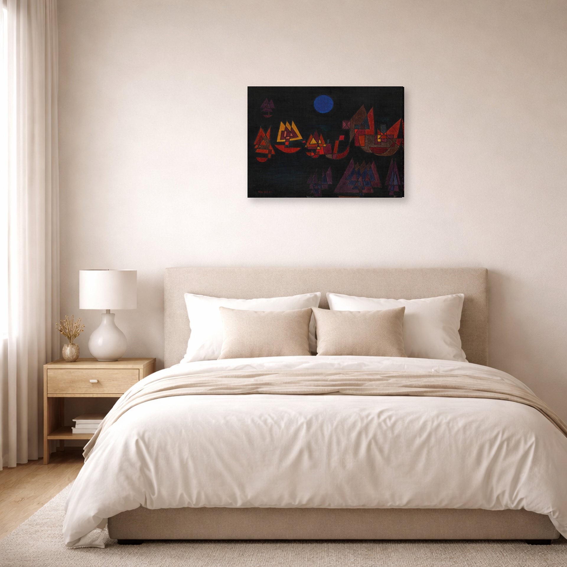 Gallery-wrapped canvas print of Paul Klee's Ships in the Dark displayed on a wall in a bedroom