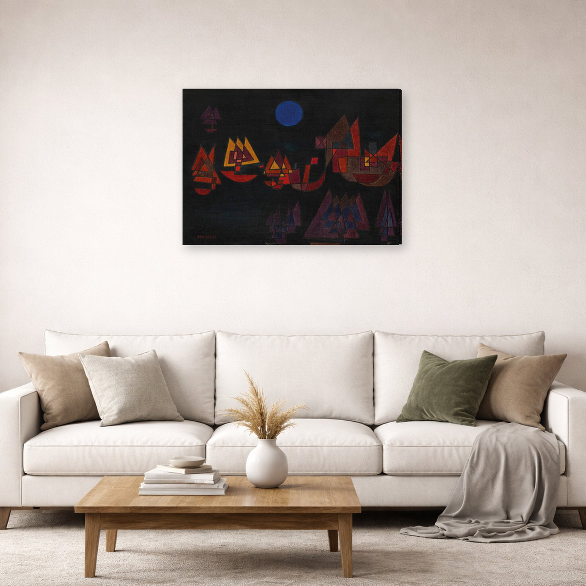 Gallery-wrapped canvas print of Paul Klee's Ships in the Dark displayed on a wall in a living room