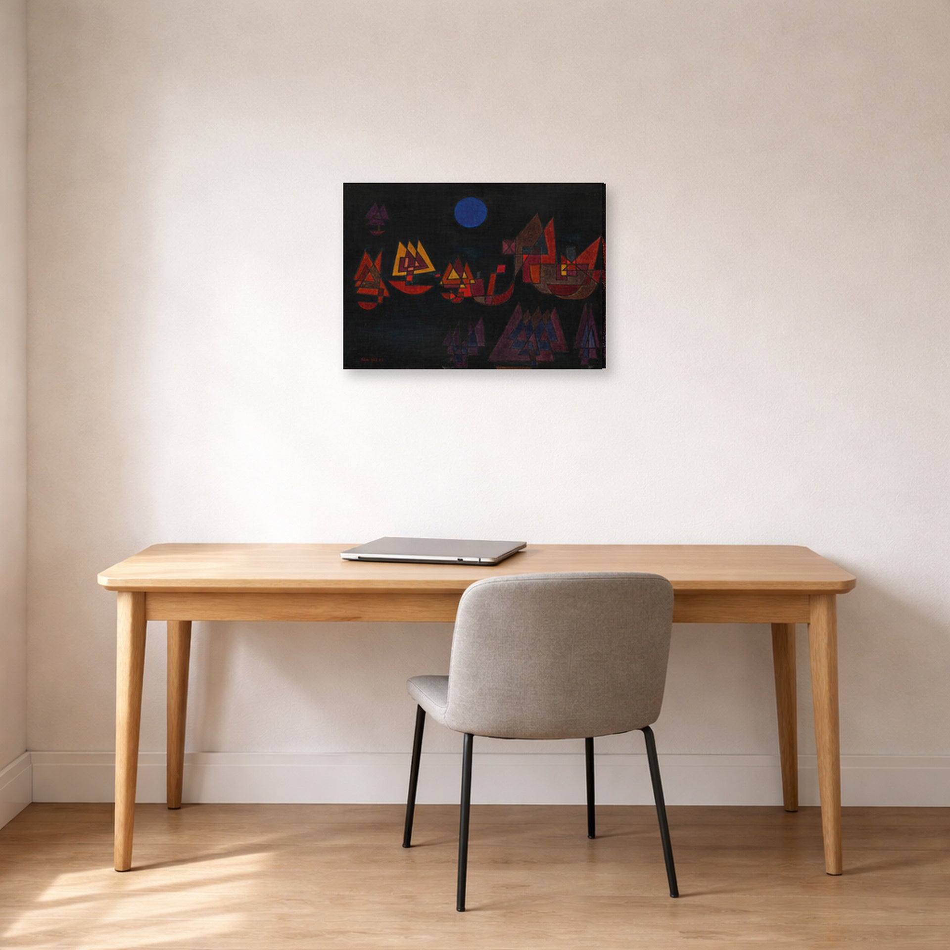 Gallery-wrapped canvas print of Paul Klee's Ships in the Dark displayed on a wall in an office