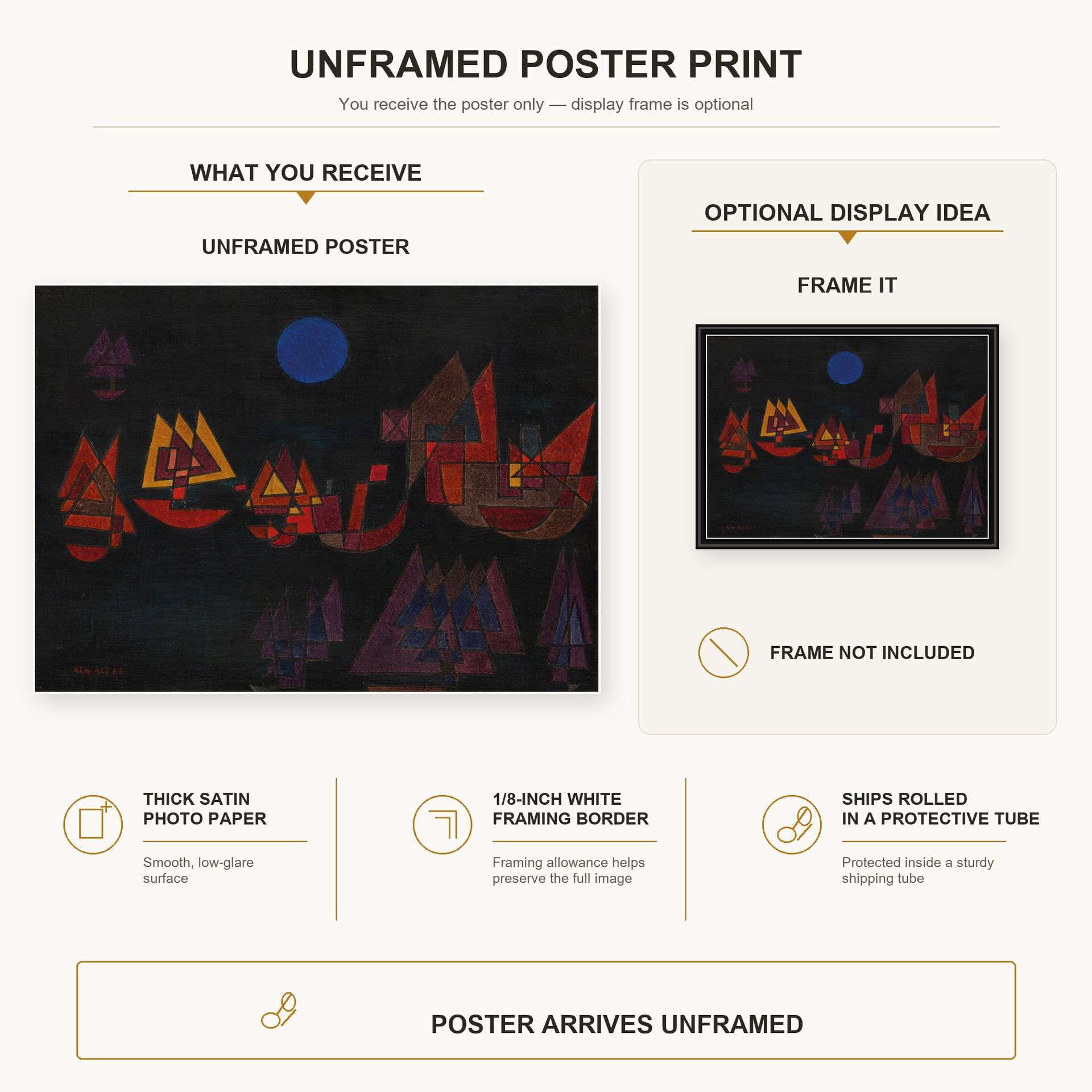 Paul Klee - Ships in the Dark poster print size comparison and framing display infographic