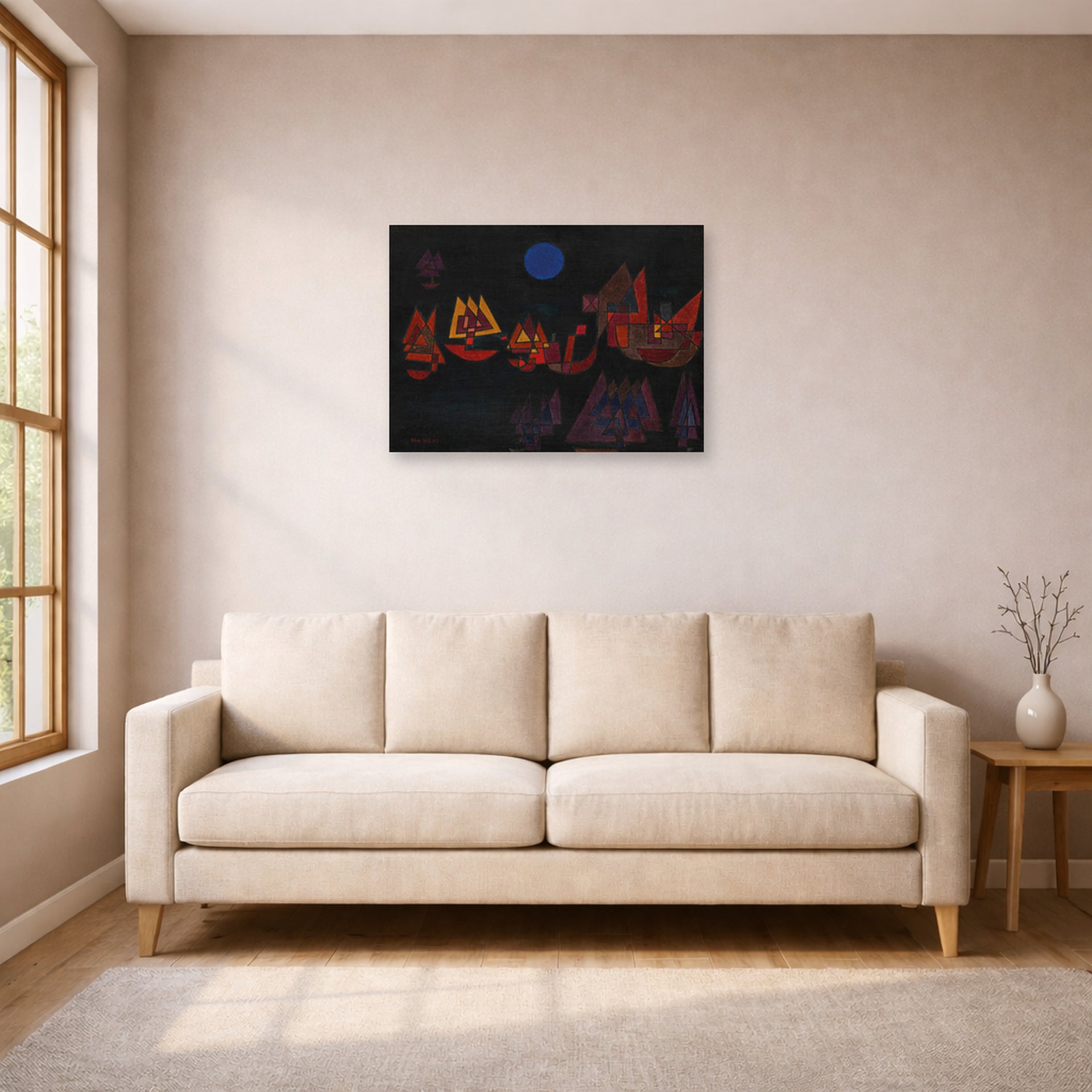 Unframed poster print of Paul Klee's Ships in the Dark displayed on a wall in a living room