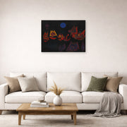 Unframed poster print of Paul Klee's Ships in the Dark displayed on a wall in a living room