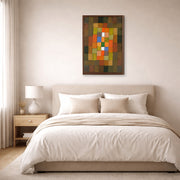 Gallery-wrapped canvas print of Paul Klee's Static Dynamic Gradation displayed on a wall in a bedroom