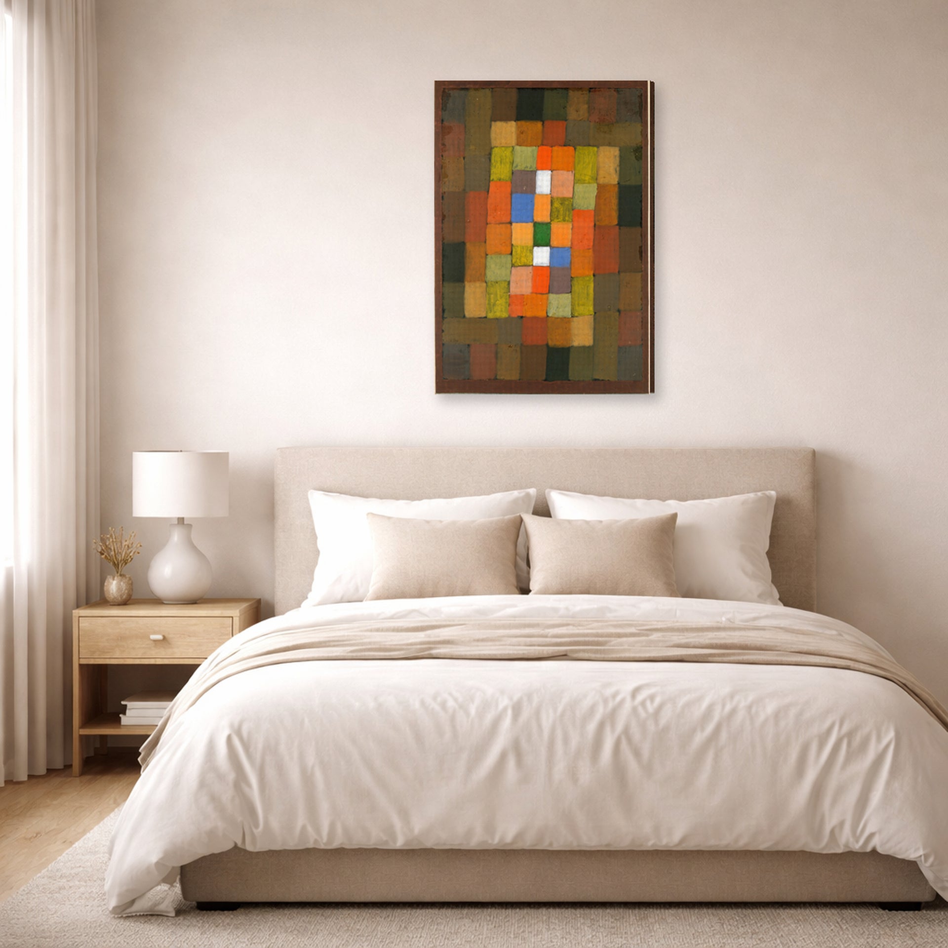Gallery-wrapped canvas print of Paul Klee's Static Dynamic Gradation displayed on a wall in a bedroom