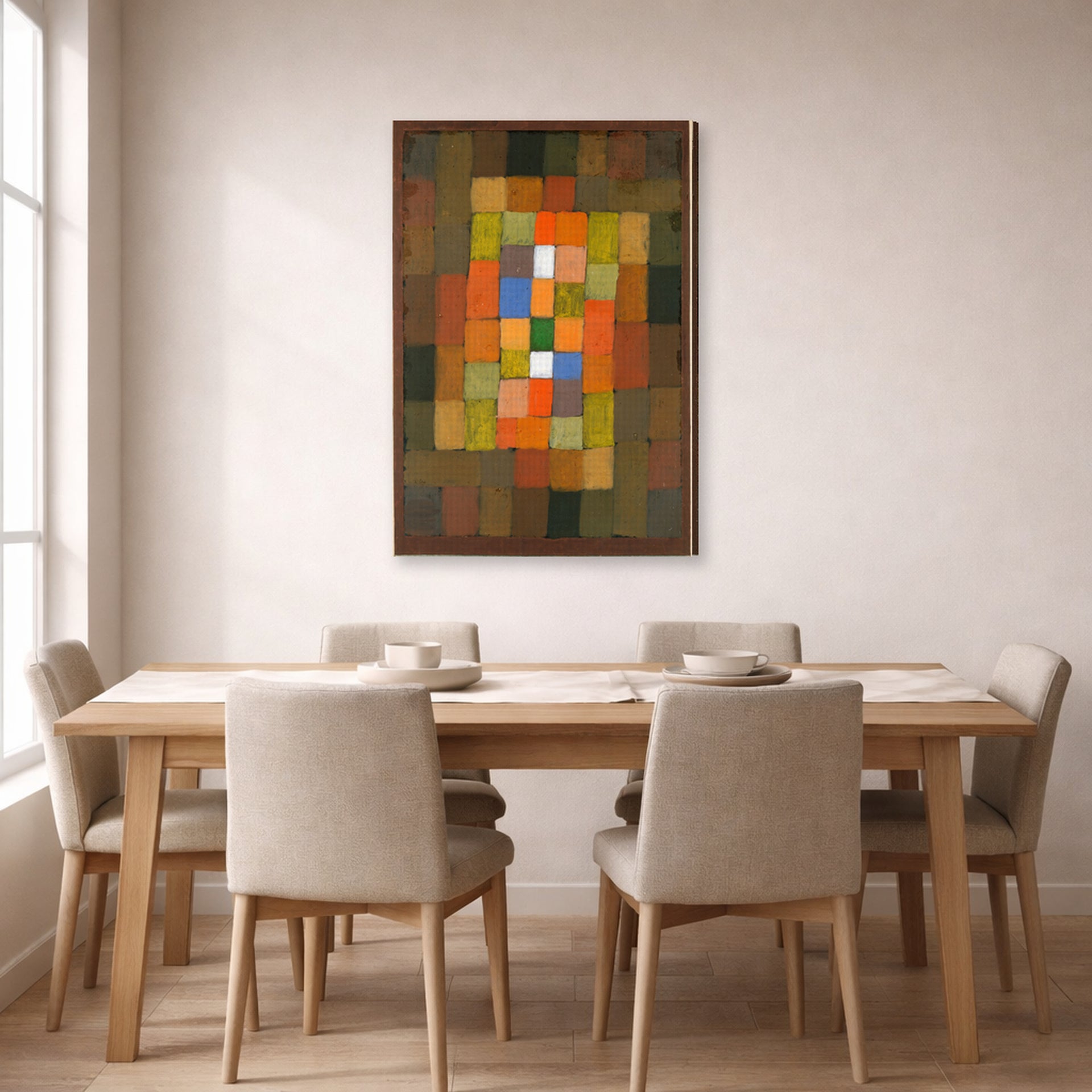 Gallery-wrapped canvas print of Paul Klee's Static Dynamic Gradation displayed on a wall in a dining room