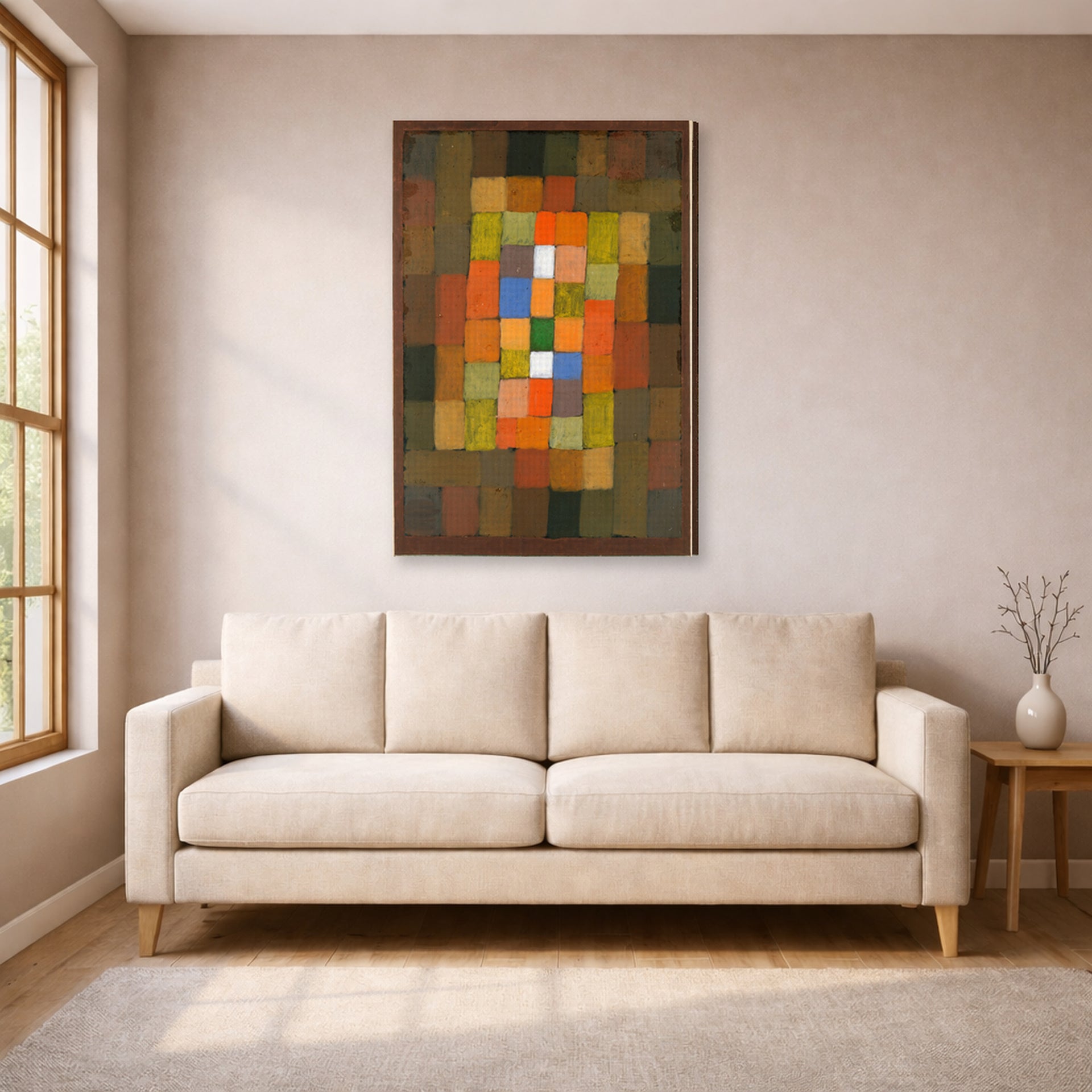 Gallery-wrapped canvas print of Paul Klee's Static Dynamic Gradation displayed on a wall in a living room