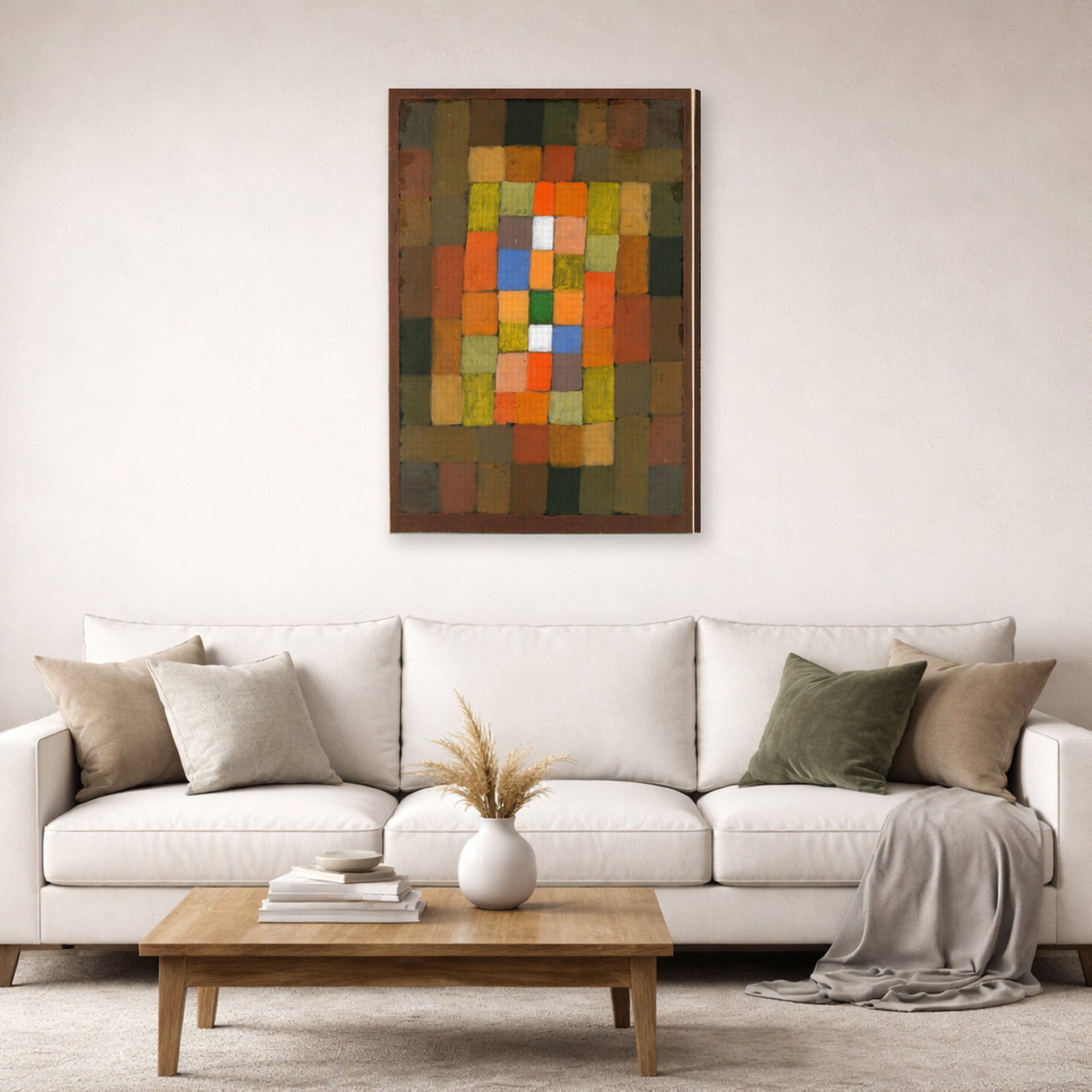 Gallery-wrapped canvas print of Paul Klee's Static Dynamic Gradation displayed on a wall in a living room