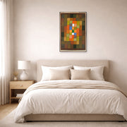 Unframed poster print of Paul Klee's Static Dynamic Gradation displayed on a wall in a bedroom