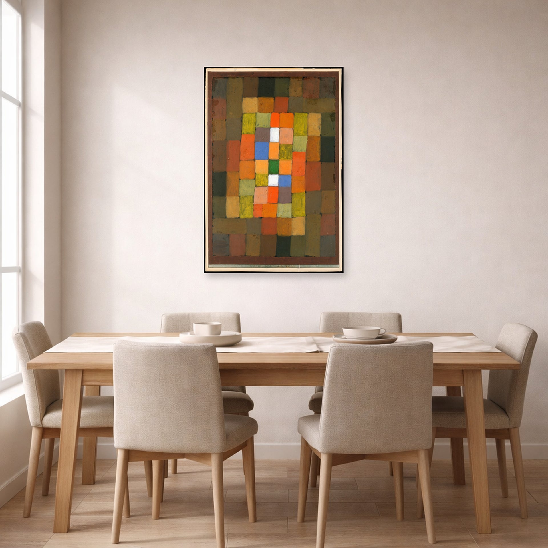 Unframed poster print of Paul Klee's Static Dynamic Gradation displayed on a wall in a dining room