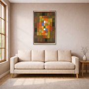 Unframed poster print of Paul Klee's Static Dynamic Gradation displayed on a wall in a living room