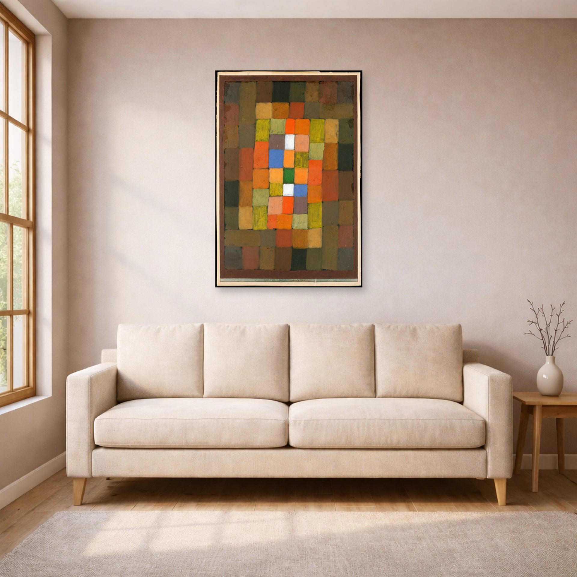 Unframed poster print of Paul Klee's Static Dynamic Gradation displayed on a wall in a living room