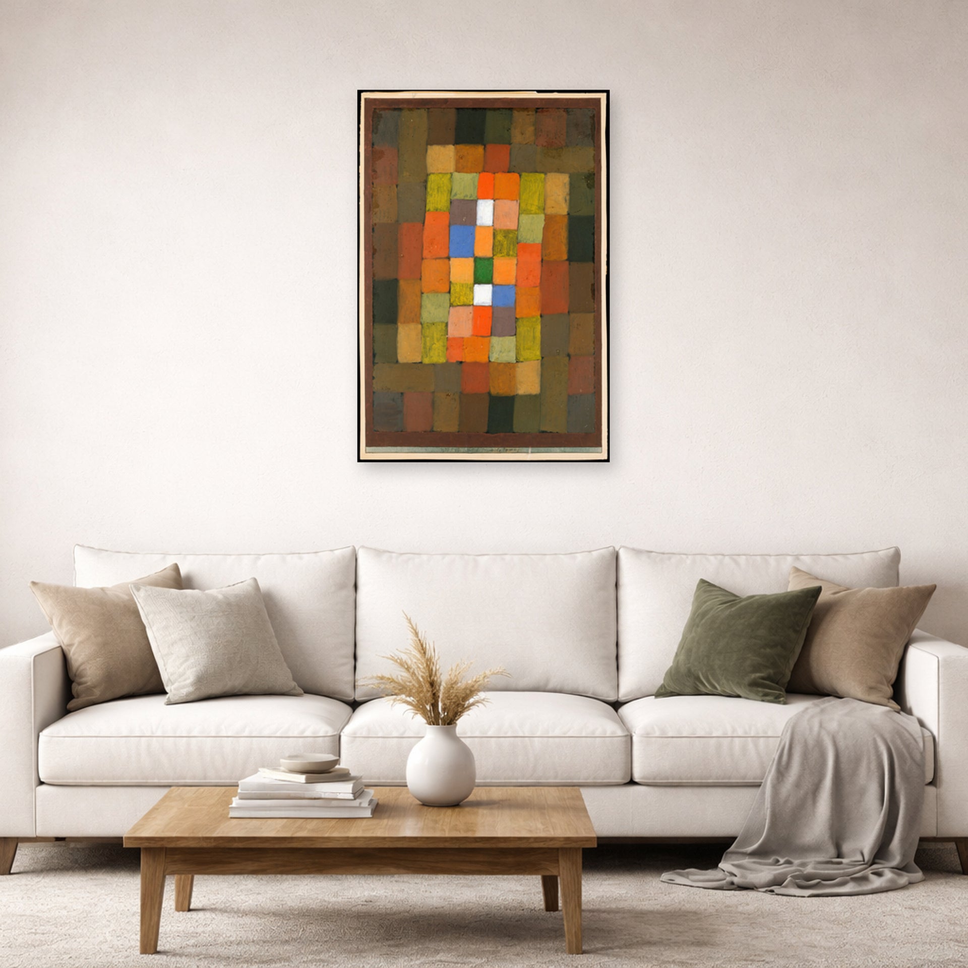 Unframed poster print of Paul Klee's Static Dynamic Gradation displayed on a wall in a living room