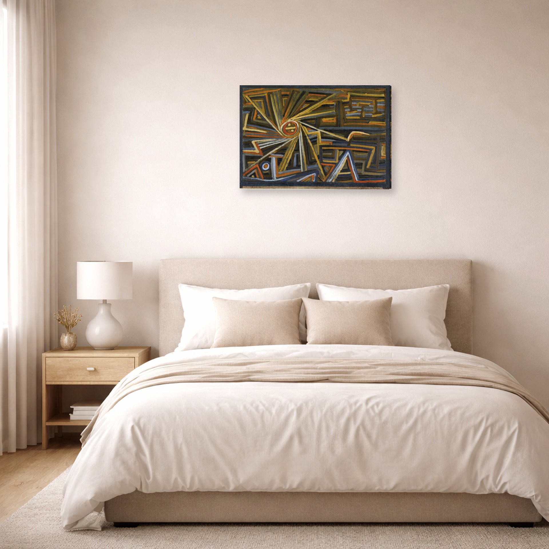 Gallery-wrapped canvas print of Paul Klee's Strahlung Und Rotation displayed on a wall in a bedroom