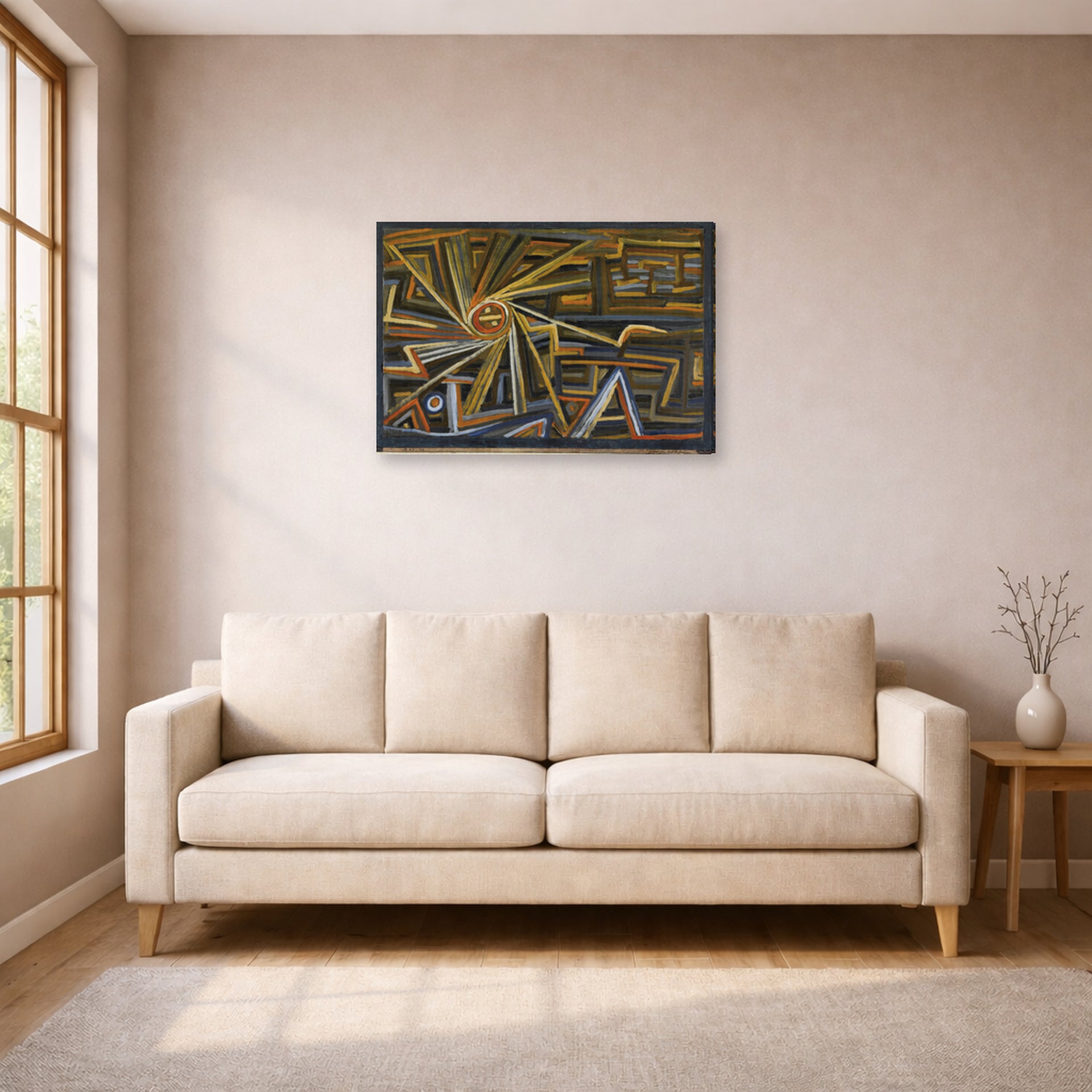 Gallery-wrapped canvas print of Paul Klee's Strahlung Und Rotation displayed on a wall in a living room