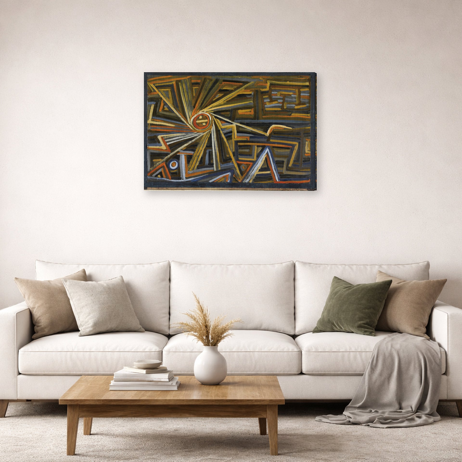 Gallery-wrapped canvas print of Paul Klee's Strahlung Und Rotation displayed on a wall in a living room