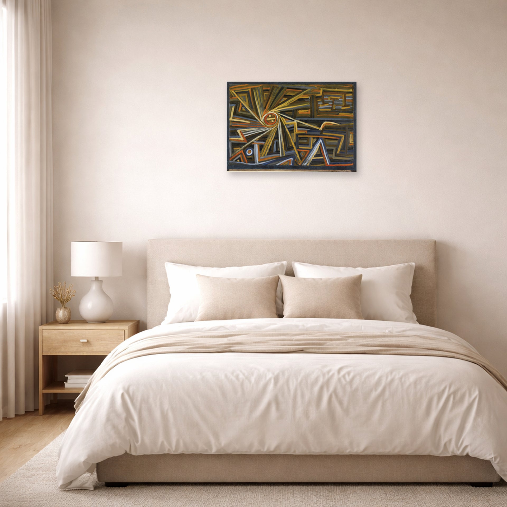 Unframed poster print of Paul Klee's Strahlung Und Rotation displayed on a wall in a bedroom