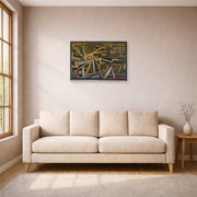 Unframed poster print of Paul Klee's Strahlung Und Rotation displayed on a wall in a living room