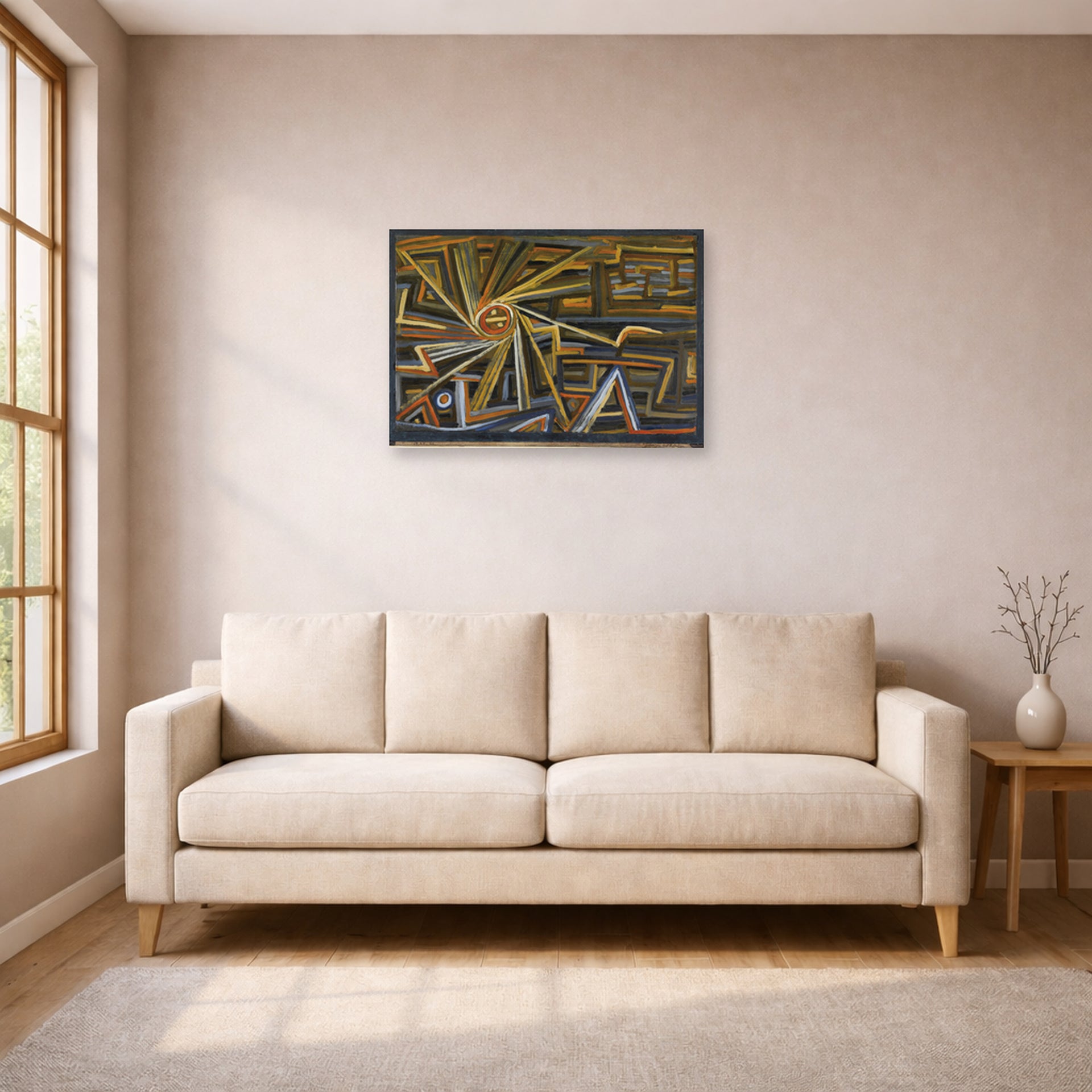 Unframed poster print of Paul Klee's Strahlung Und Rotation displayed on a wall in a living room