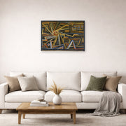 Unframed poster print of Paul Klee's Strahlung Und Rotation displayed on a wall in a living room