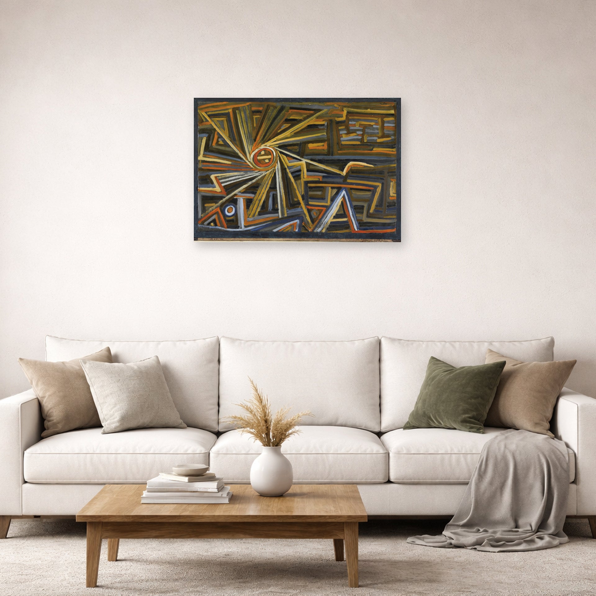 Unframed poster print of Paul Klee's Strahlung Und Rotation displayed on a wall in a living room