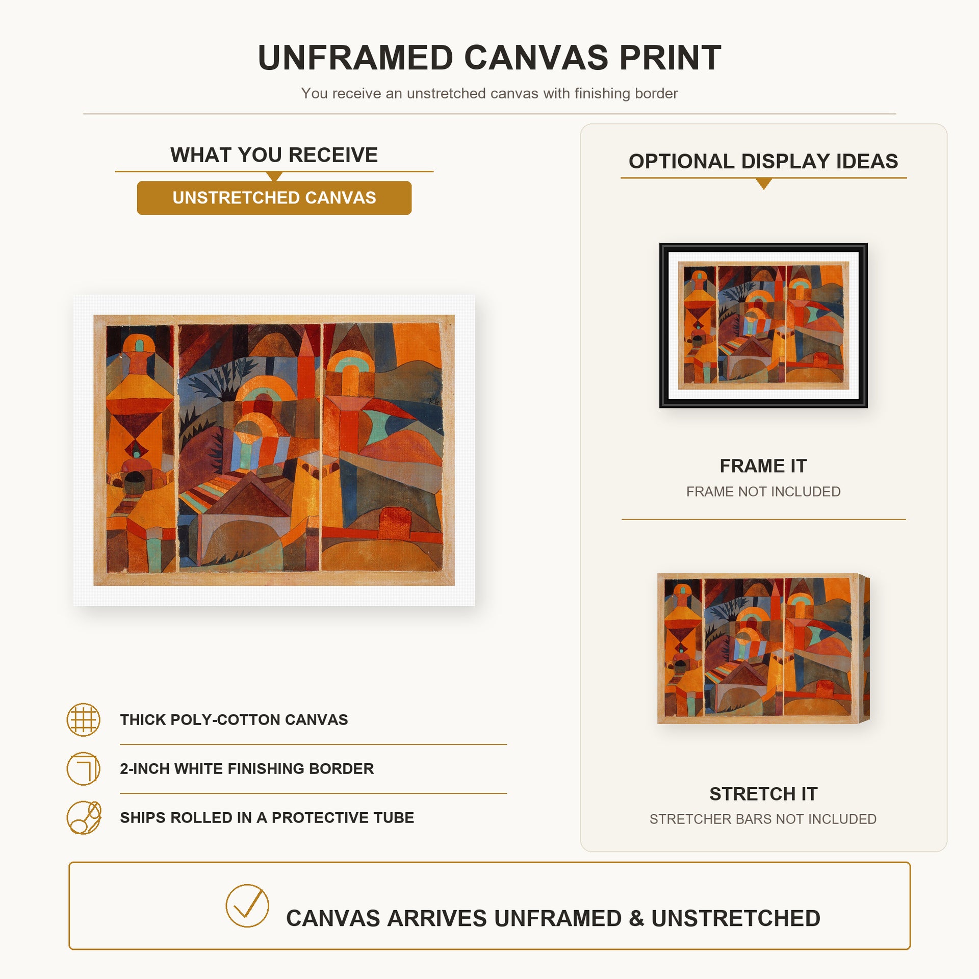 Paul Klee - Temple Gardens canvas print size comparison and framing display infographic