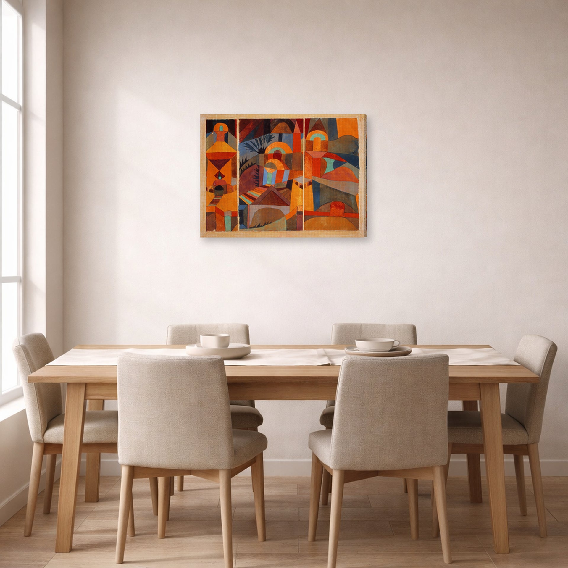 Gallery-wrapped canvas print of Paul Klee's Temple Gardens displayed on a wall in a dining room