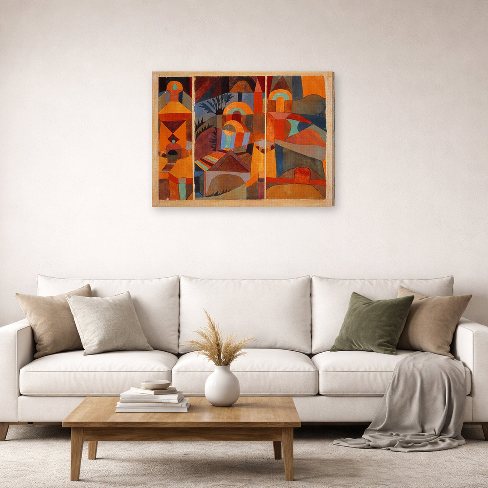 Gallery-wrapped canvas print of Paul Klee's Temple Gardens displayed on a wall in a living room