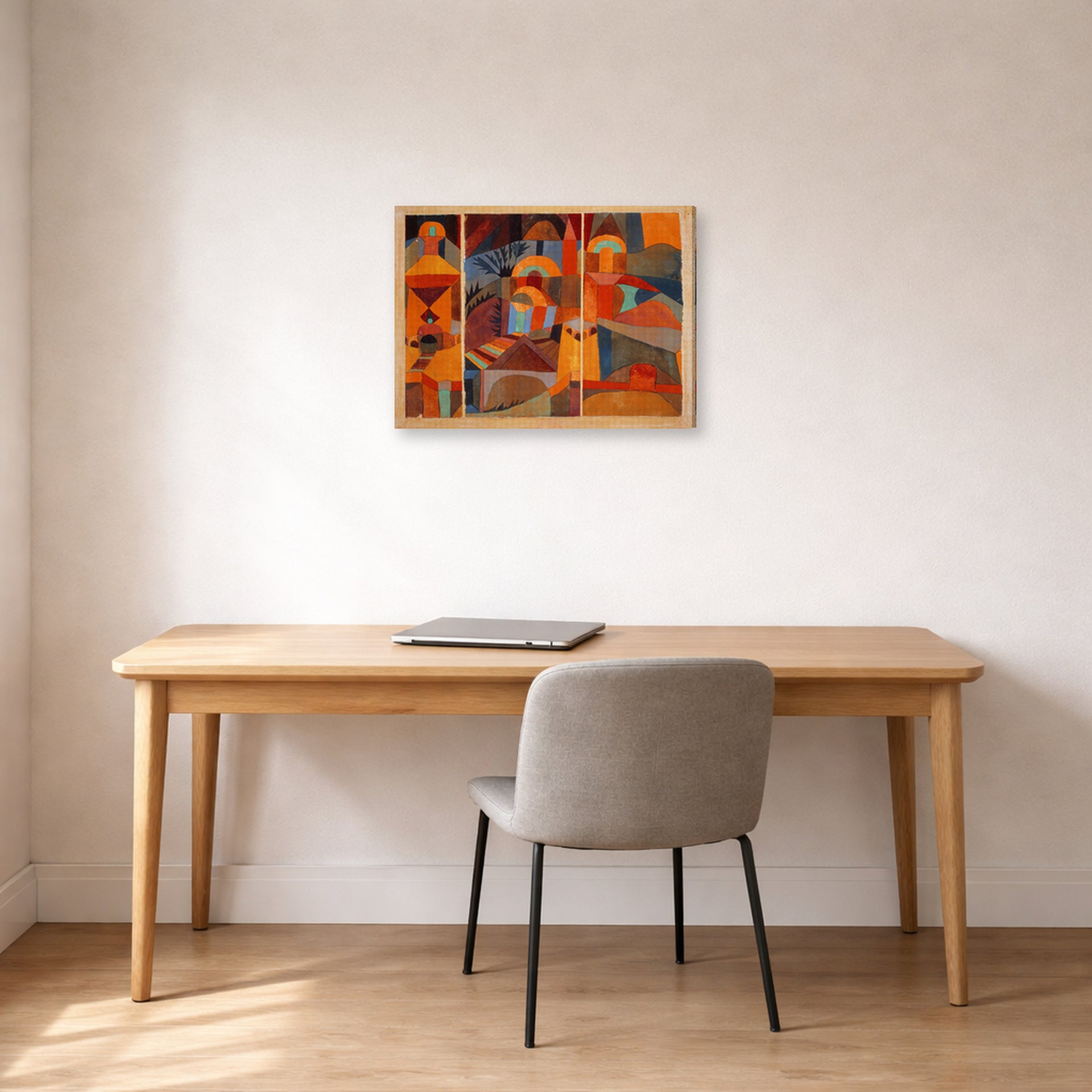 Gallery-wrapped canvas print of Paul Klee's Temple Gardens displayed on a wall in an office