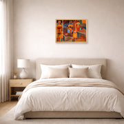 Unframed poster print of Paul Klee's Temple Gardens displayed on a wall in a bedroom