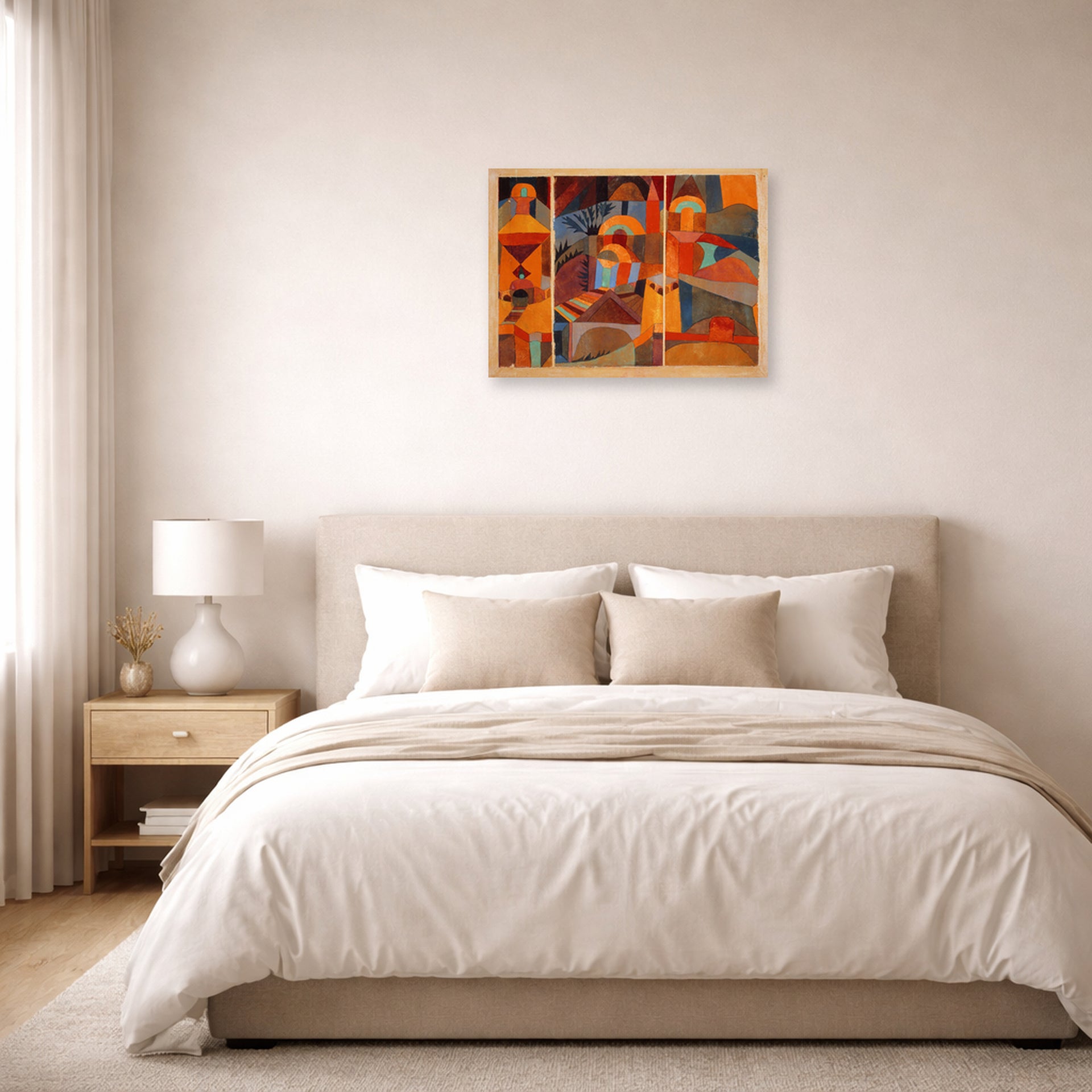 Unframed poster print of Paul Klee's Temple Gardens displayed on a wall in a bedroom
