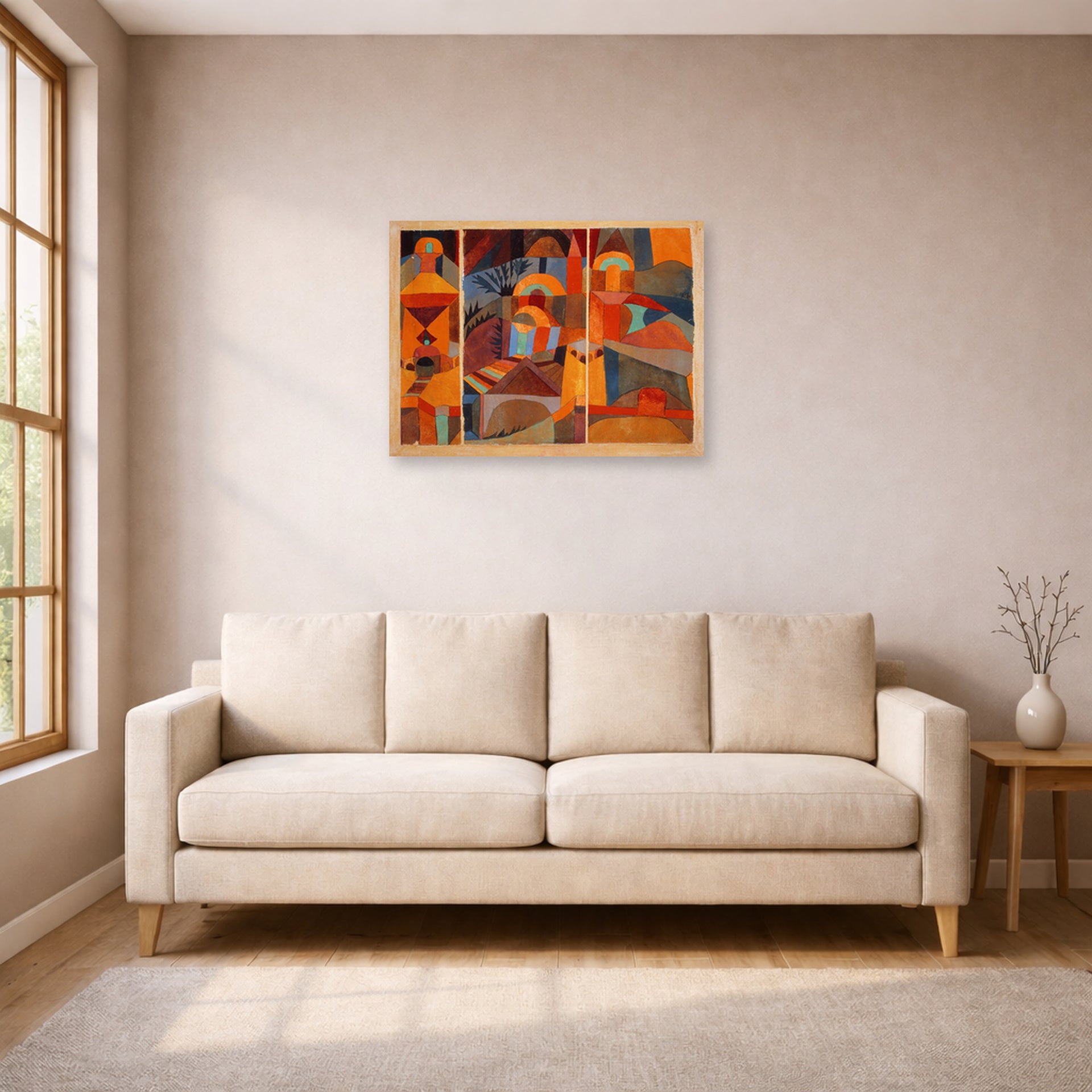 Unframed poster print of Paul Klee's Temple Gardens displayed on a wall in a living room