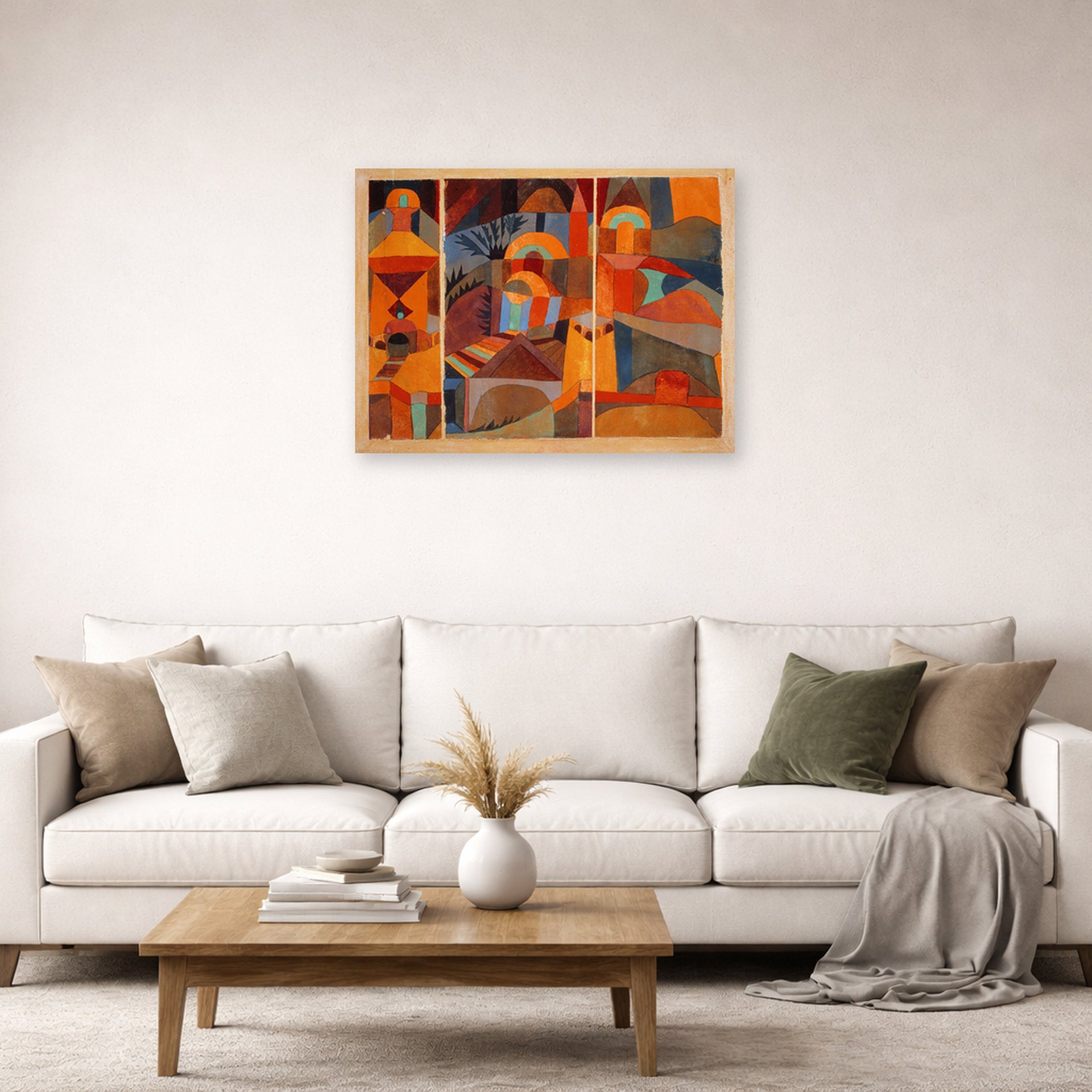 Unframed poster print of Paul Klee's Temple Gardens displayed on a wall in a living room