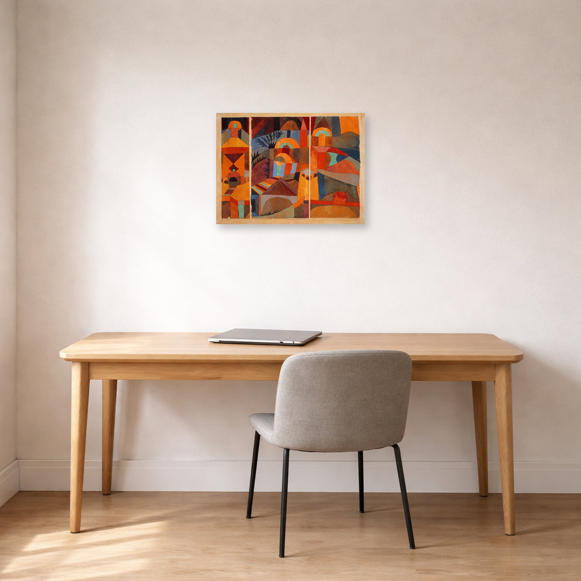 Unframed poster print of Paul Klee's Temple Gardens displayed on a wall in an office