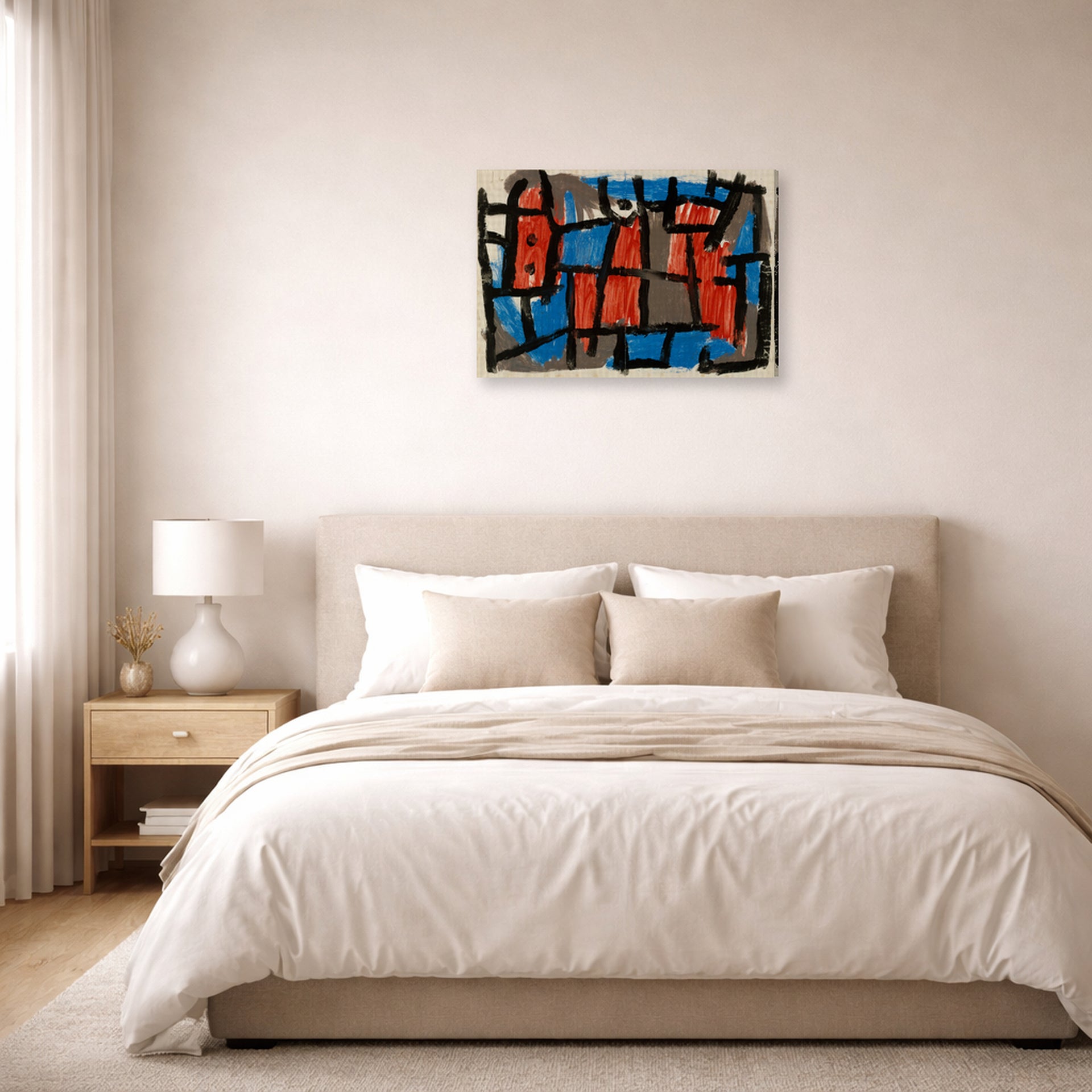 Gallery-wrapped canvas print of Paul Klee's The Hour Before One Night displayed on a wall in a bedroom