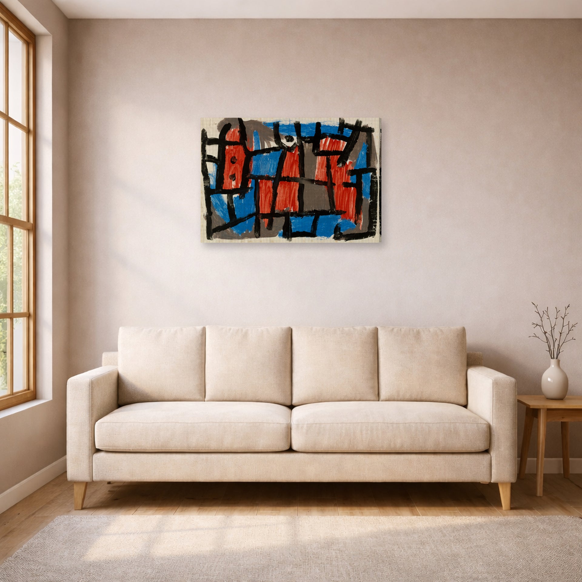Gallery-wrapped canvas print of Paul Klee's The Hour Before One Night displayed on a wall in a living room