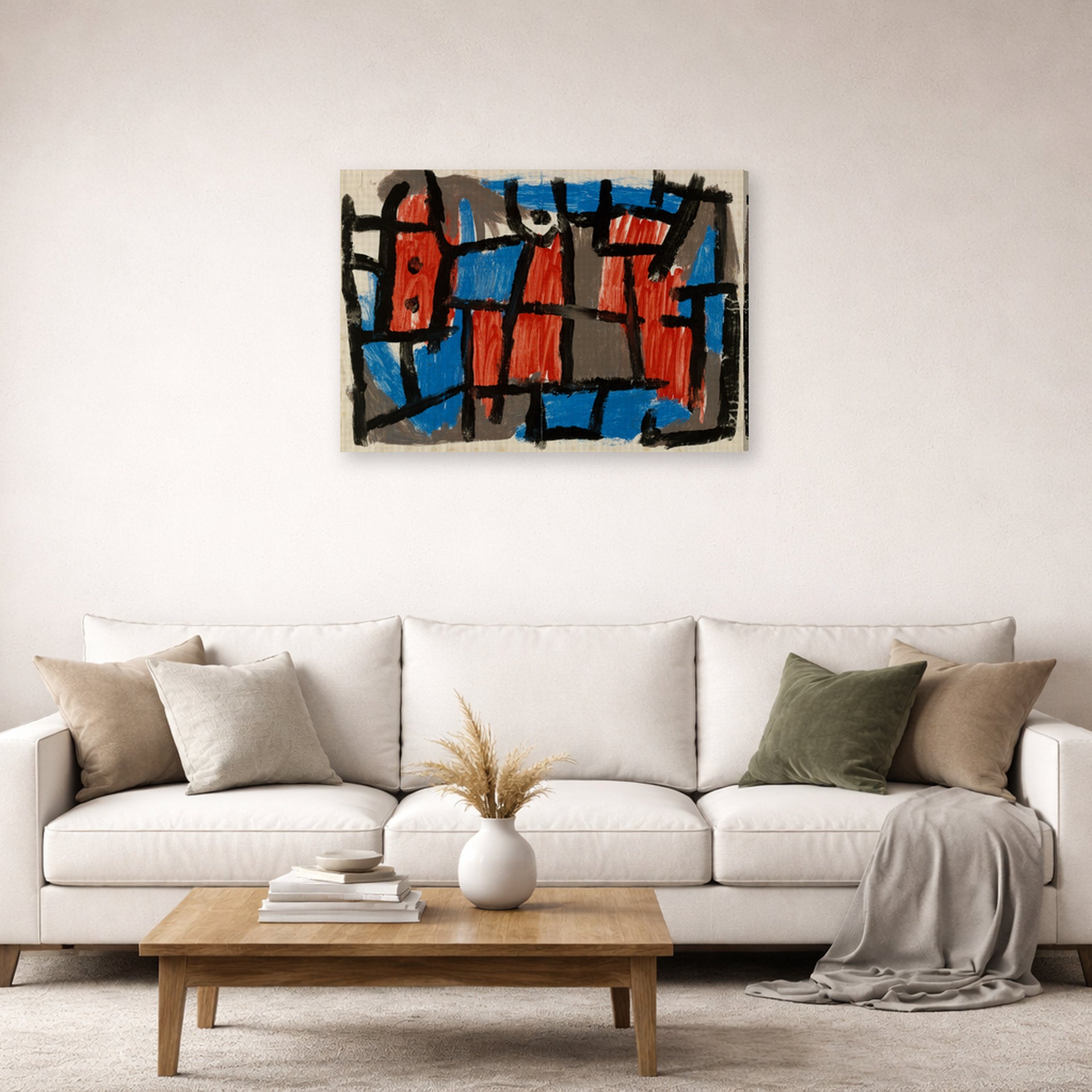 Gallery-wrapped canvas print of Paul Klee's The Hour Before One Night displayed on a wall in a living room