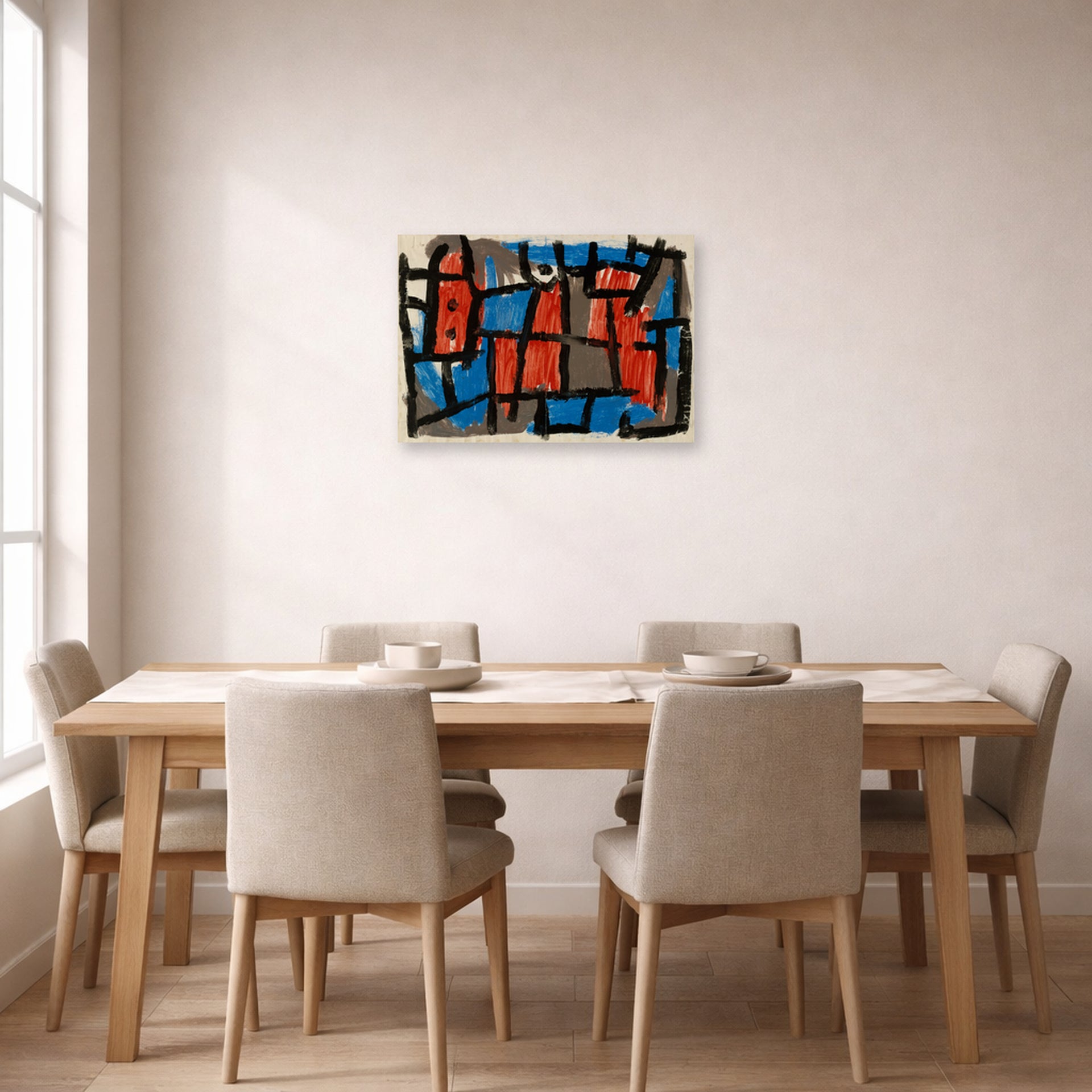 Unframed poster print of Paul Klee's The Hour Before One Night displayed on a wall in a dining room