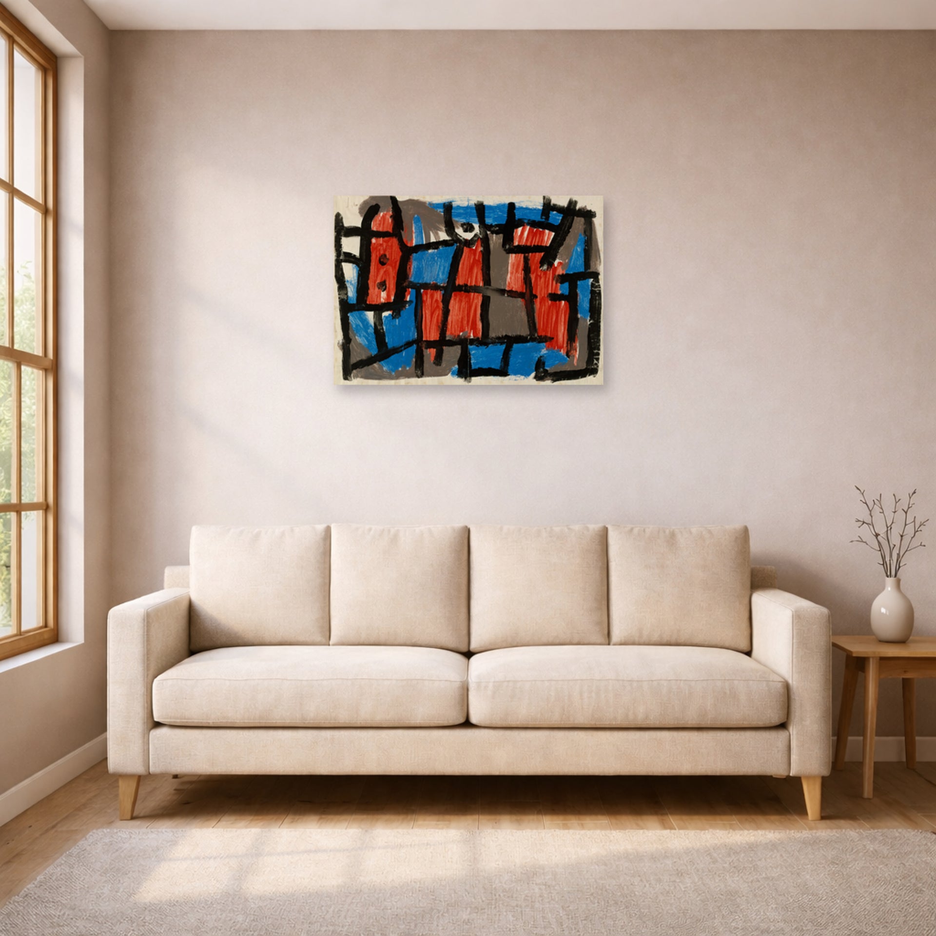 Unframed poster print of Paul Klee's The Hour Before One Night displayed on a wall in a living room