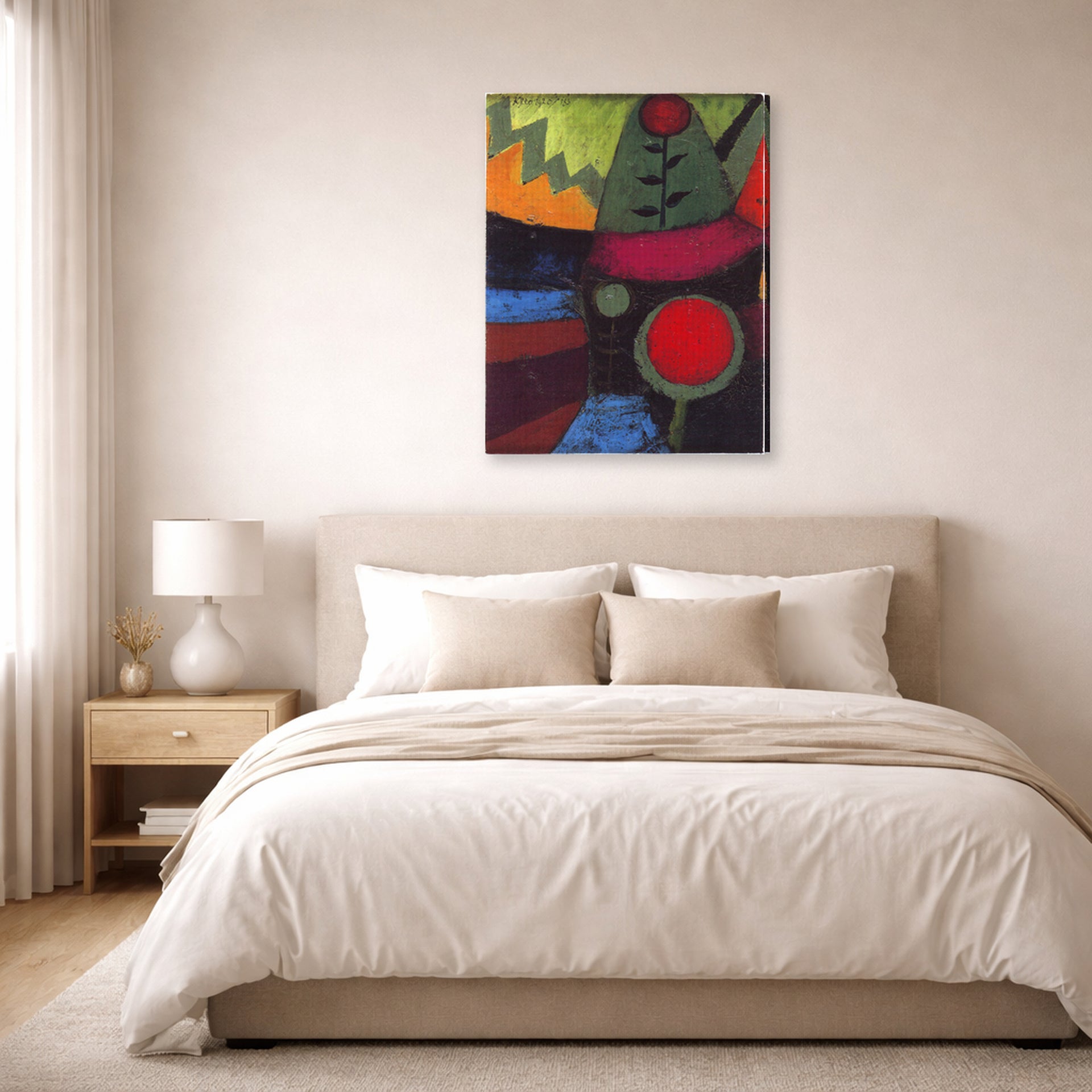Gallery-wrapped canvas print of Paul Klee's Three Flowers displayed on a wall in a bedroom