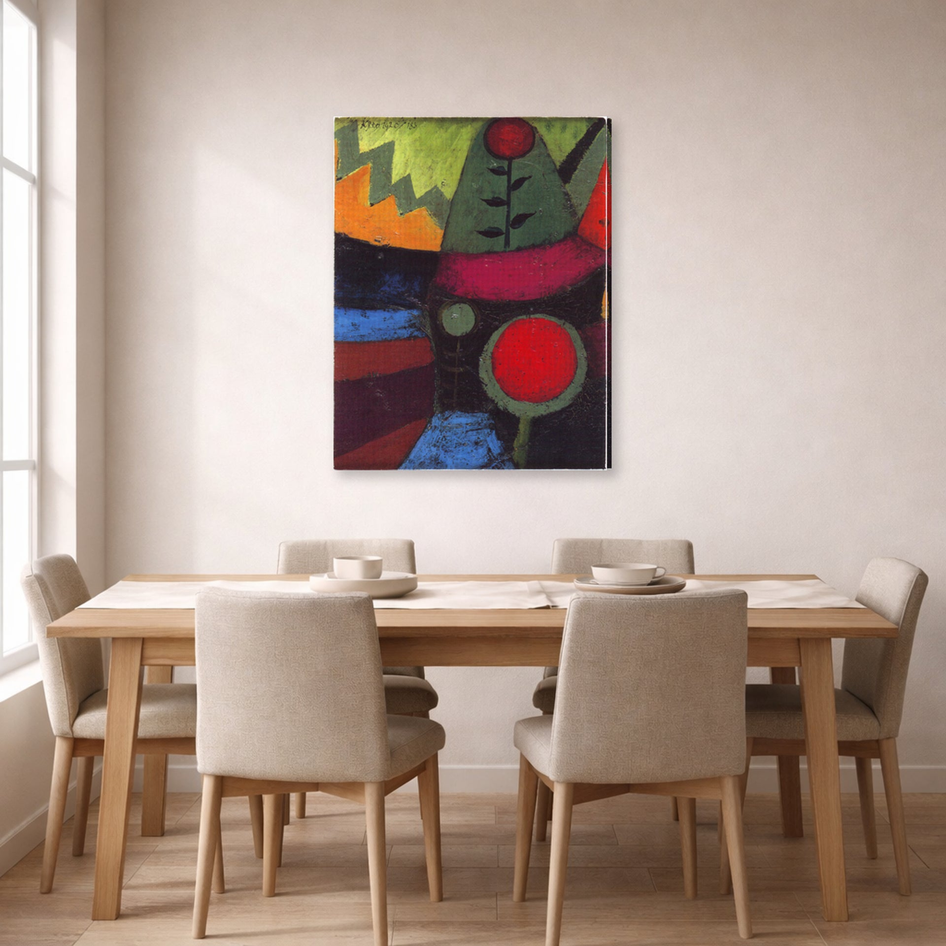 Gallery-wrapped canvas print of Paul Klee's Three Flowers displayed on a wall in a dining room