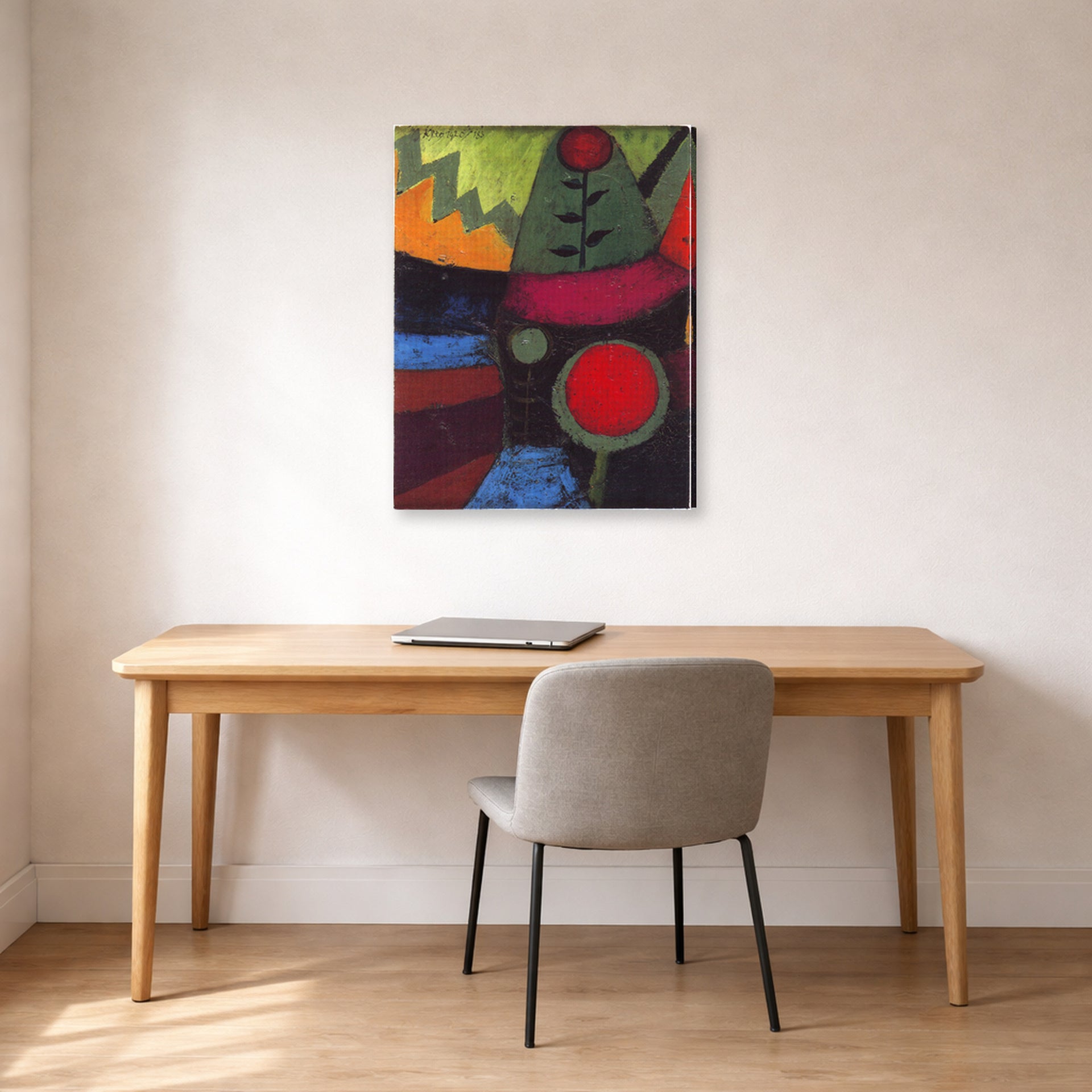 Gallery-wrapped canvas print of Paul Klee's Three Flowers displayed on a wall in an office